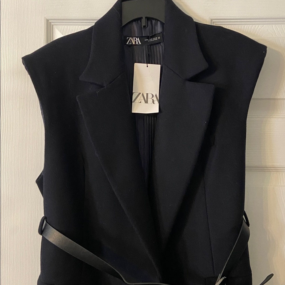 Zara Wool Dress Black  Sleeveless size M length 39” bust 34” belt around waist - Picture 2 of 8